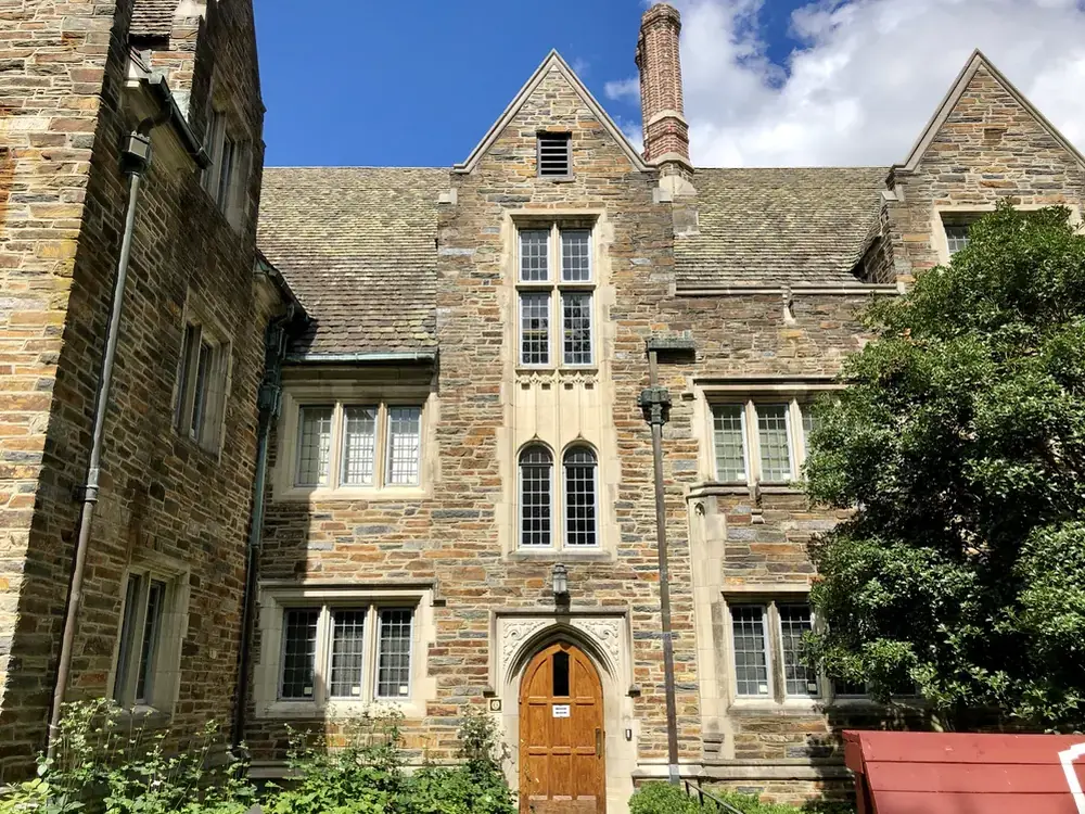 Gothic revival stone courtyard at Duke University on a sunny day